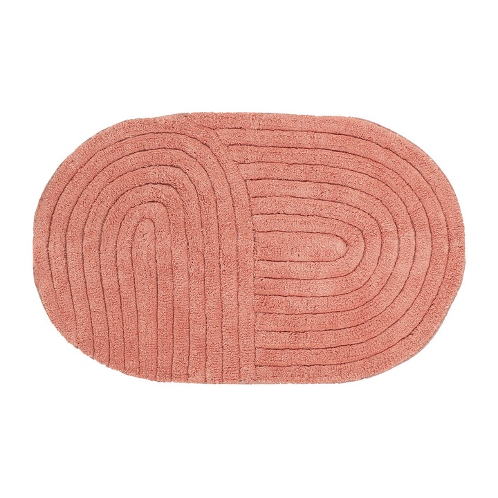Covoras De Baie, Tendance, Sienna, Stil Boho Din Bumbac Natural, Suprafata Moale Tip Frotte Cu Absorbtie Buna, Forma Ovala Cu Model Geometric Decorativ, Ideal Dupa Dus Sau Baie, Potrivit Pentru Baie Dormitor Sau Dressing, 50 x 80 cm, Somon