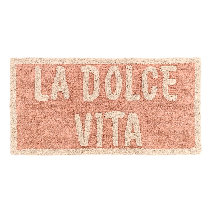 Covoras Din Bumbac, Tendance, Chiara, Suprafata Moale Si Absorbanta Pentru Confort Zilnic, Spate Antiderapant Pentru Stabilitate, Text Decorativ La Dolce Vita Cu Aspect Placut, Ideal Pentru Baie Dormitor Sau Masuta De Toaleta, 45 x 90 cm, Somon