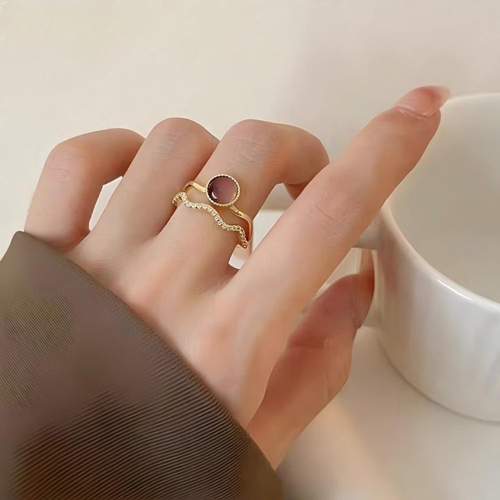 Inel reglabil retro cu piatră "Ochi de Pisica" violet, design cu undă dublă, lumină, vintage ușor