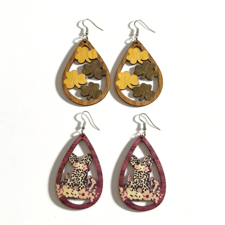 Set Cadou de 2 Perechi de Cercei Creative din Lemn, Design cu Trifoi norocos si Iepure Retro, Cadou pentru Sf. Patrick si Paste, Cercei Dulci-Retro pentru Femei