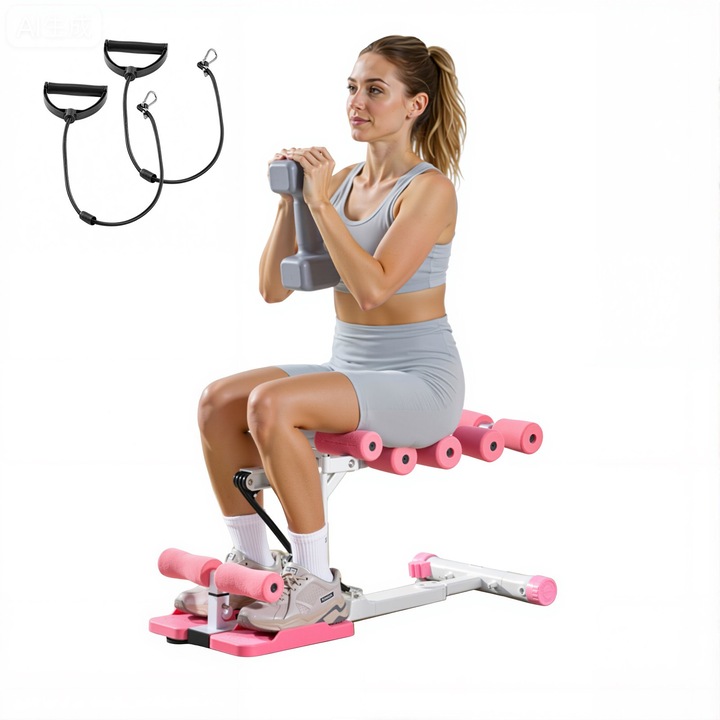 Aparat genuflexiuni adanci (sissy squat) si fesieri, Echipament fitness pentru acasa, Reglabil, 3 Benzi de Rezistenta, Pliabil, Pentru Flotari, Roz + Alb