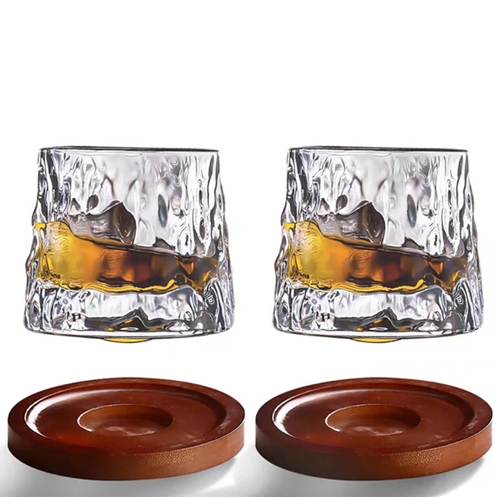 Set 2 Pahare Whisky cu Suport din Lemn, BOMSTOM, Transparent, Dimensiune 8x7.5cm