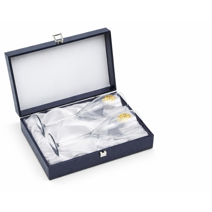 Set pahare din cristal Chinelli, 2 pahare flute, detalii aurii, elegant, 220ml