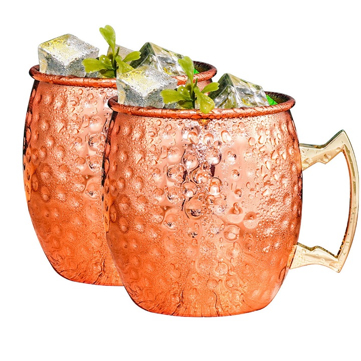 Set de 2 cani Moscow Mule din cupru, BOMSTOM, otel inoxidabil, auriu rose, 500 ml