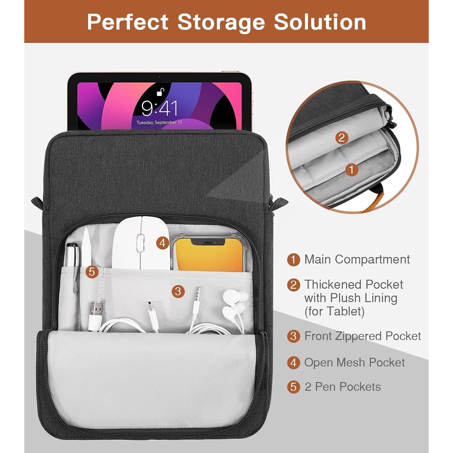 Geanta pentru tablete, Husa pentru 11 inch universala tableta, Water resistent panza Oxford, Protectie fleece interna, Usor si portabil, Compatibila iPad 10.2/10.5/10.9, Negru
