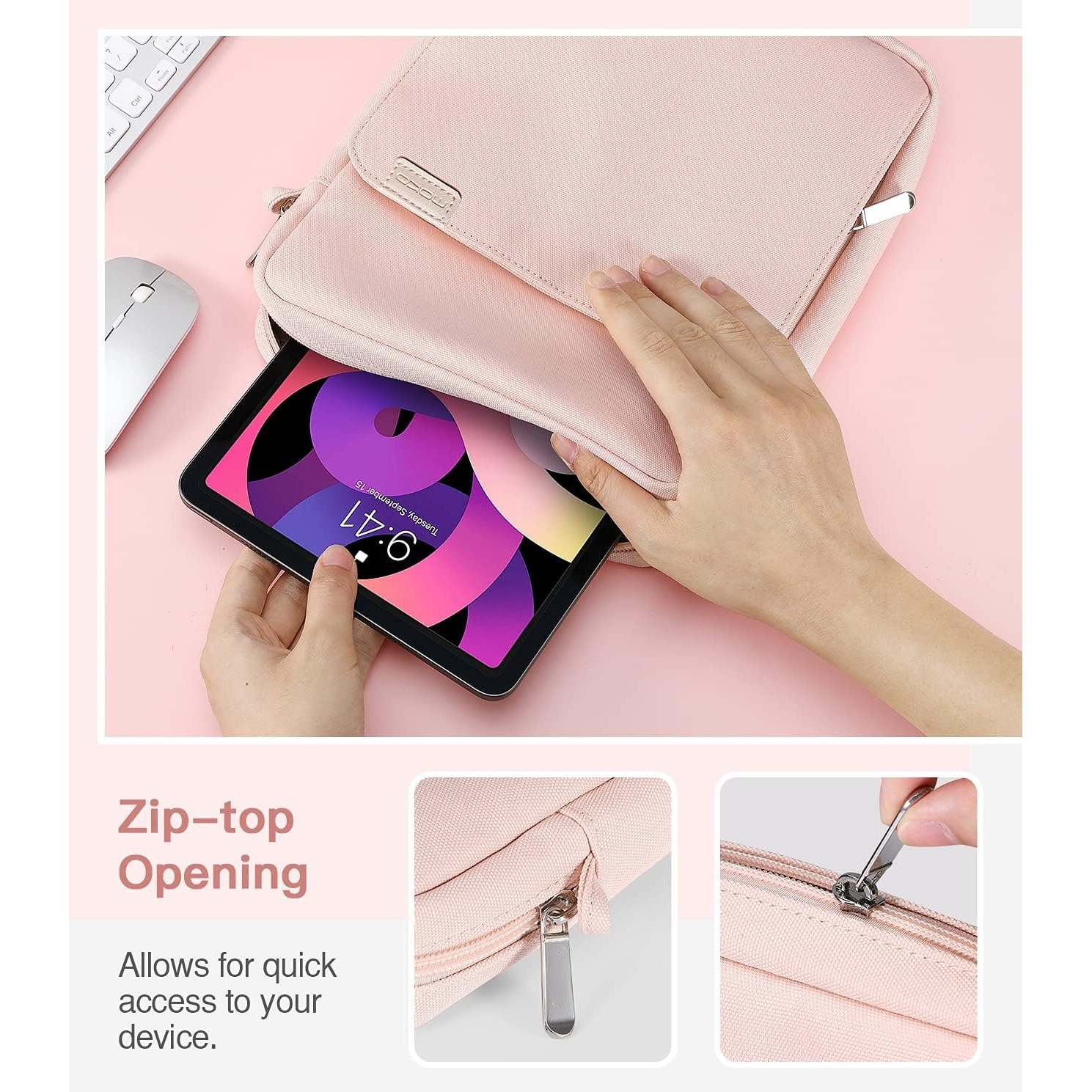 Geanta tableta 9-11″, Husa pentru 11 inch universala tableta, Water resistent panza Oxford, Protectie fleece interna, Usor si portabil, Compatibila iPad 10.2/10.5/10.9, Roz