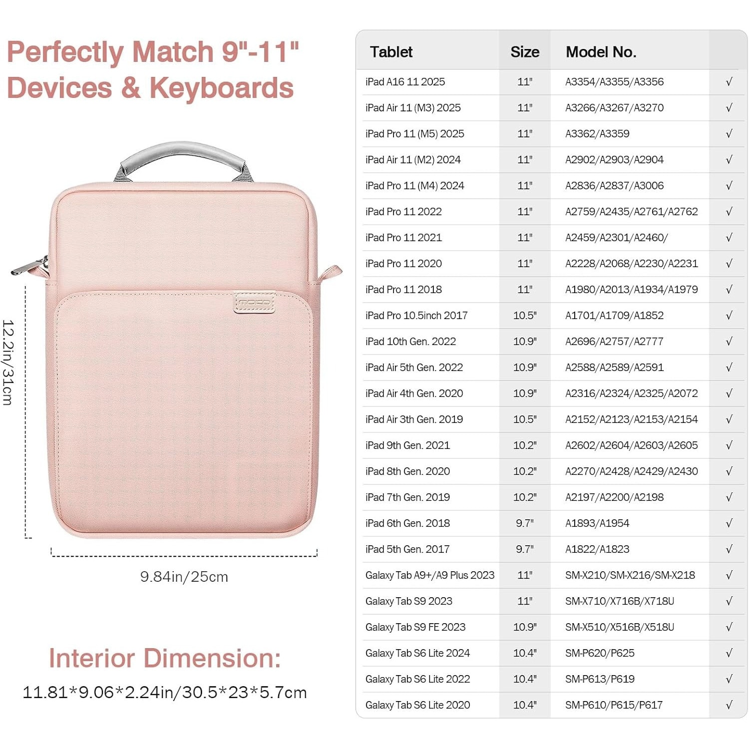 Geanta tableta 9-11″, Husa pentru 11 inch universala tableta, Water resistent panza Oxford, Protectie fleece interna, Usor si portabil, Compatibila iPad 10.2/10.5/10.9, Roz