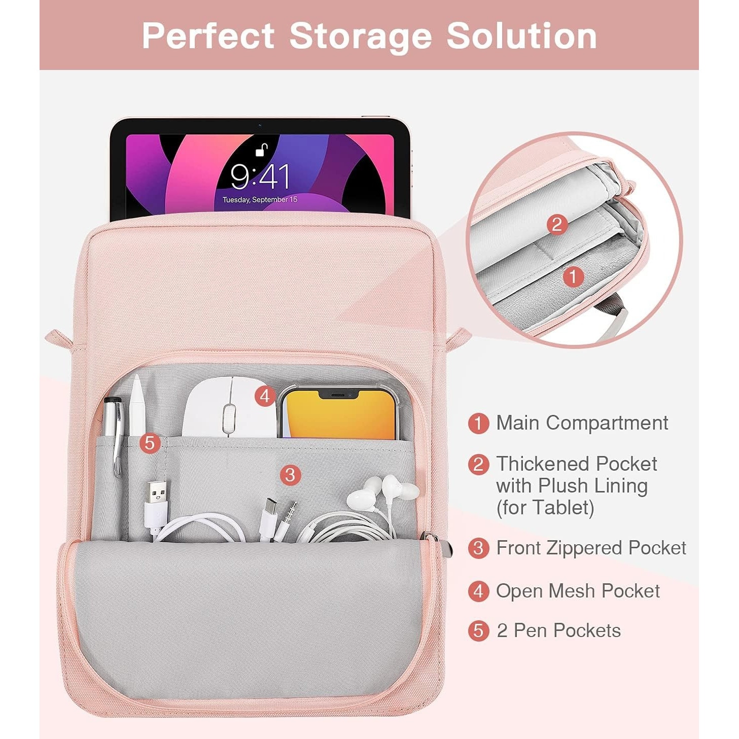 Geanta tableta 9-11″, Husa pentru 11 inch universala tableta, Water resistent panza Oxford, Protectie fleece interna, Usor si portabil, Compatibila iPad 10.2/10.5/10.9, Roz
