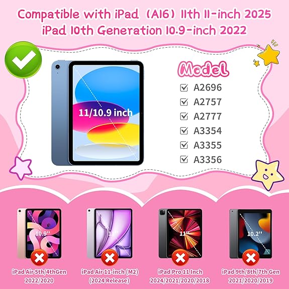 Husă pentru iPad 11 Gen 2025 & 10 Gen 2022, Coolden, model cu căpșuni, suport 360, roz, set