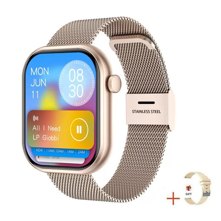 Ceas Smartwatch Inteligent G20, cu Apeluri Bluetooth, Multi-limba, Notificari de Apeluri, SMS si Social Media, Rezistenta la Apa IP67, Mod Sport, Pedometru, Monitorizare Somn, Monitorizare Ritm Cardiac SOS si SpO2, Redare Muzica, 1 Curea din Silicon Auriu