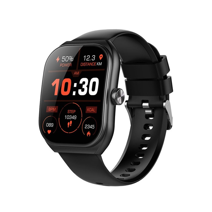 Okosóra, ívelt felületű, 2,01 hüvelykes kijelzővel, Bluetooth hívással, többnyelvű, hívás, SMS, közösségi média értesítésekkel, vízálló, fitnesz karkötő, aktivitáskövető, sport mód, lépésszámláló, alvásfigyelő, pulzusmérő, zenelejátszó, fekete
