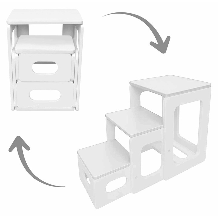 Scaun Scara, 2 in 1, Transformabil, Tommy, Transilvan, Lemn Stratificat, 40x43x60 cm si 86x43x60 cm, Alb