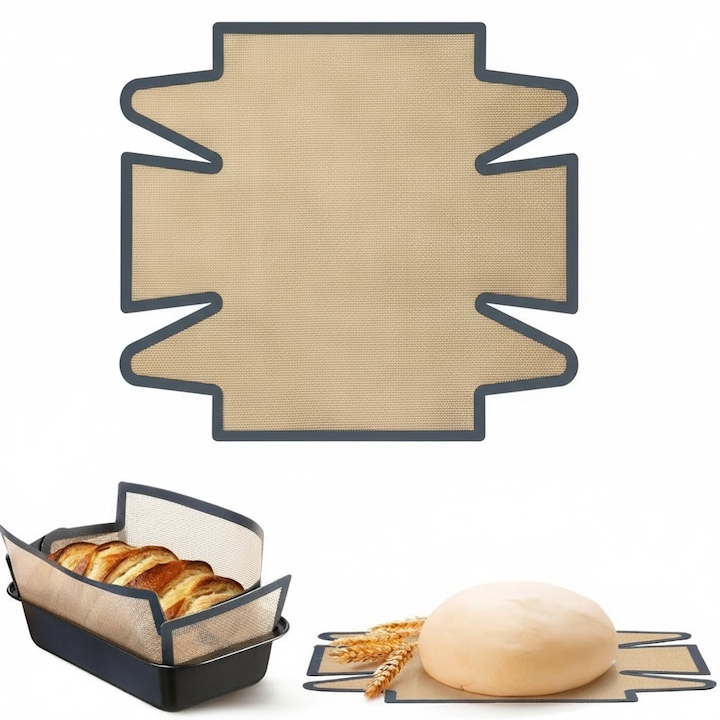 Covoras Silicon Alimentar, Tava Copt Paine VALA® Bread 39.6x36cm, Antiaderent, Curatare usoare, Reutilizabil, Rezistent la temperaturi inalte, Bej cu margini gri