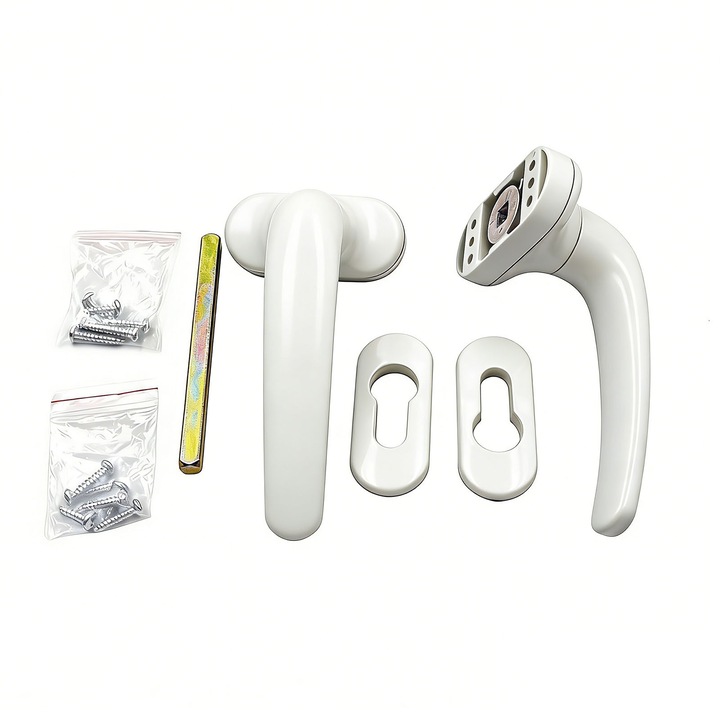 Set maner clanta usa interior cu rozeta cheie, asskanaer, Maner usa aluminiu 6 gauri prindere, Cu surub, Set complet montaj profesional, Anti rugina, Rezistenta la uzura si coroziune, Usor de instalat si curatat, Alb