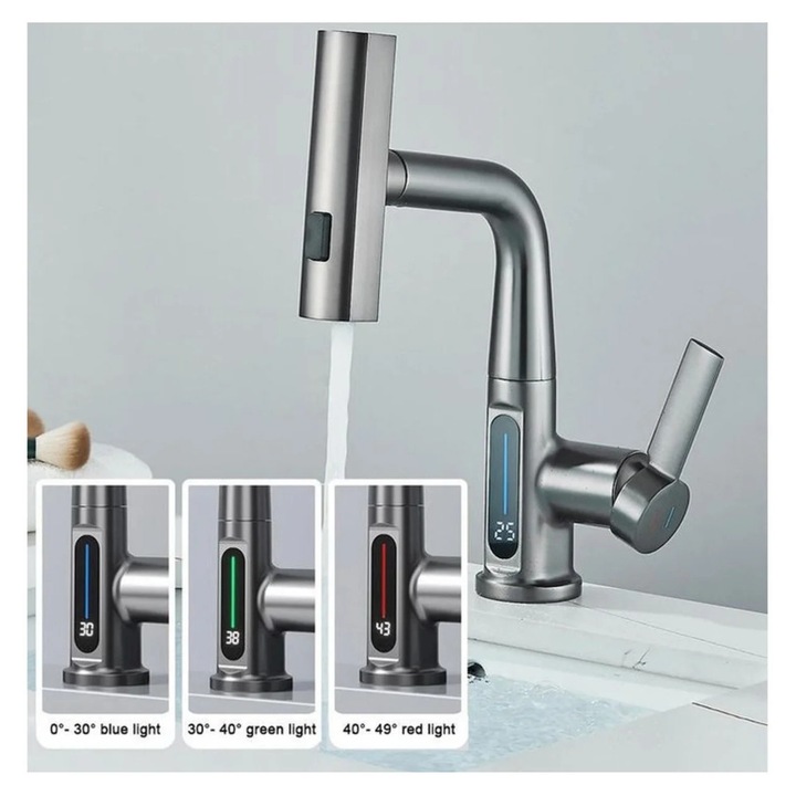 Baterie pentru chiuveta DMVSolux, pentru bucatarie si baie, cap extensibil si retractabil, 3 moduri de jet - aerat/sub presiune/tip cascada, afisaj LED cu iluminare temperatura, rotire la 360°, ajustabil pe inaltime, gri metalizat inchis