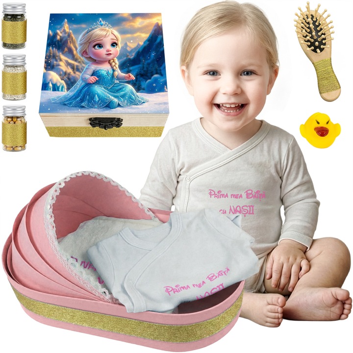 Set Prima Baita “Printesa Elsa”, Set Complet 9 Piese LoreBebe, Cadou Botez, Cutie cu mirodenii pentru Prima Baita cu Nasii dupa Botez, Roz
