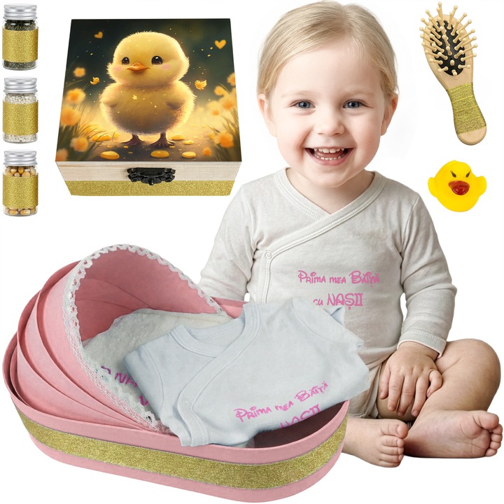 Set Prima Baita “Puiut Galben”, Set Complet 9 Piese LoreBebe, Cadou Botez, Cutie cu mirodenii pentru Prima Baita cu Nasii dupa Botez, Roz