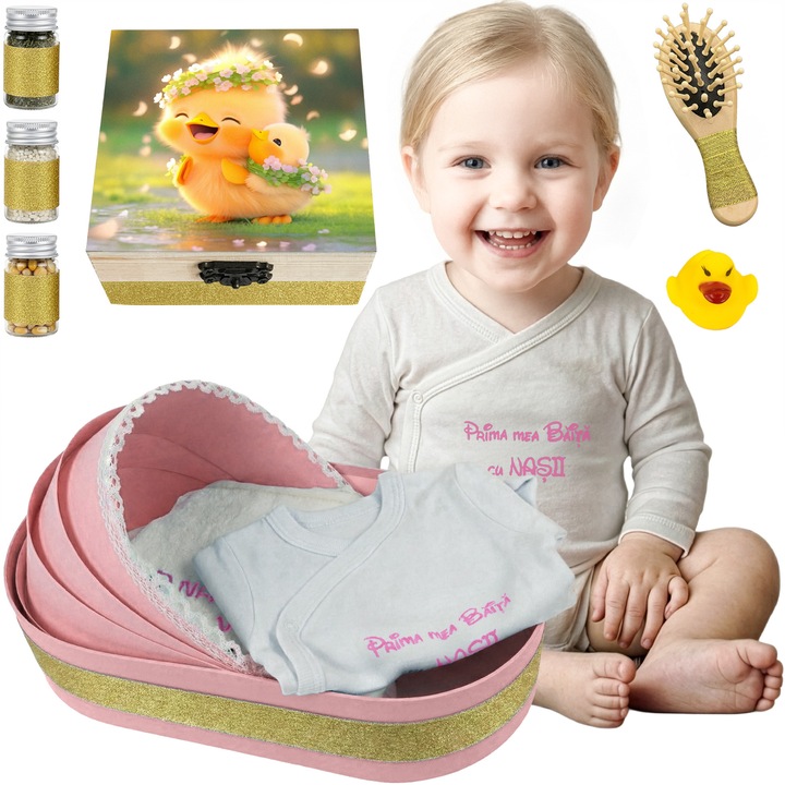 Set Prima Baita “Ratusce Flori”, Set Complet 9 Piese LoreBebe, Cadou Botez, Cutie cu mirodenii pentru Prima Baita cu Nasii dupa Botez, Roz