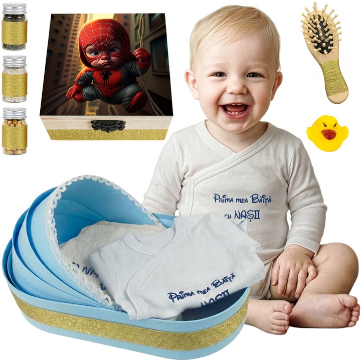 Set Prima Baita “Bebe Spiderman”, Set Complet 9 Piese LoreBebe, Cadou Botez, Cutie cu mirodenii pentru Prima Baita cu Nasii dupa Botez, Bleu