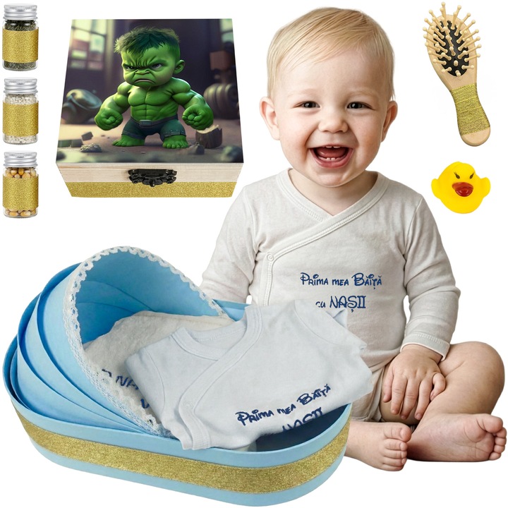 Set Prima Baita “Bebe Hulk”, Set Complet 9 Piese LoreBebe, Cadou Botez, Cutie cu mirodenii pentru Prima Baita cu Nasii dupa Botez, Bleu
