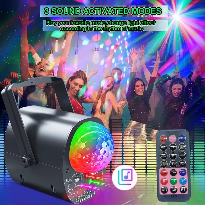 Diszkó Fényszóró, HITTERGEM® Lézeres Diszkó Fényszóróval, Diszkógömb és UV Fény, Diszkó Fényjáték 3 Hangvezérlési Móddal és Szabályozható Fénysebességgel, Kültéri és Beltéri Lézeres Fényszóró, Távirányító, Hálózati vagy USB Tápellátás, ABS, Fekete
