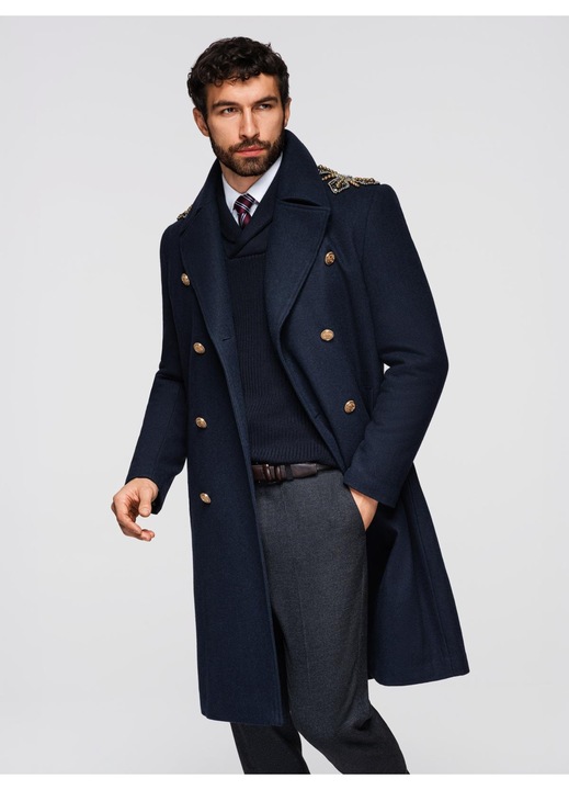 Palton cu lana si aplicatii decorative OMBRE OM-COWC-0150, Albastru inchis