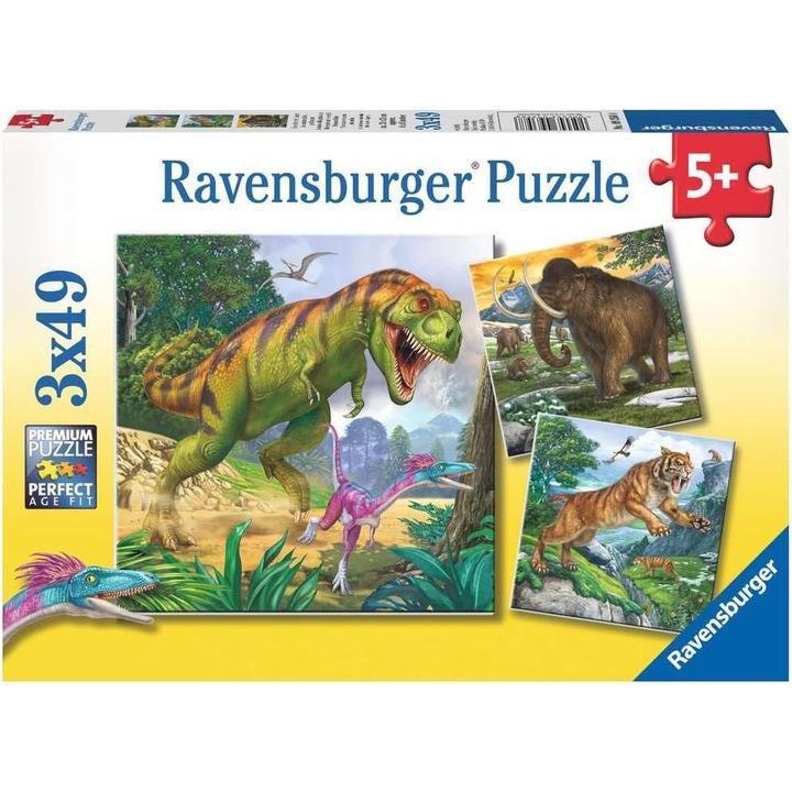 Set 3 puzzle-uri Ravensburger, 49 piese fiecare, Lumea Preistorica, 21x21cm