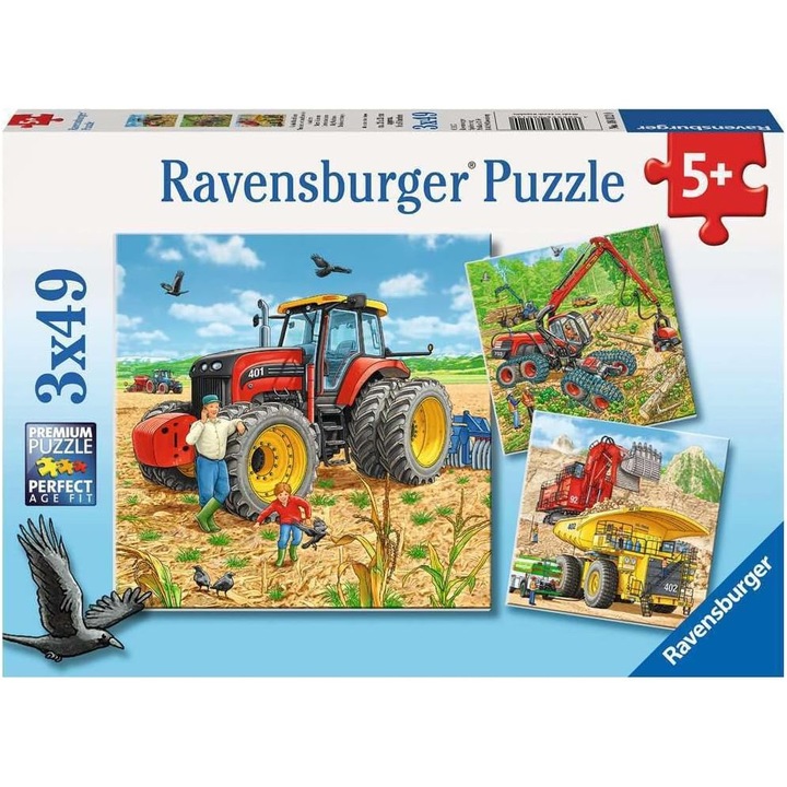 Set Puzzle Ravensburger Mari Masini 3x49 Piese, 21x21cm, pentru copii de la 5 ani, carton gros