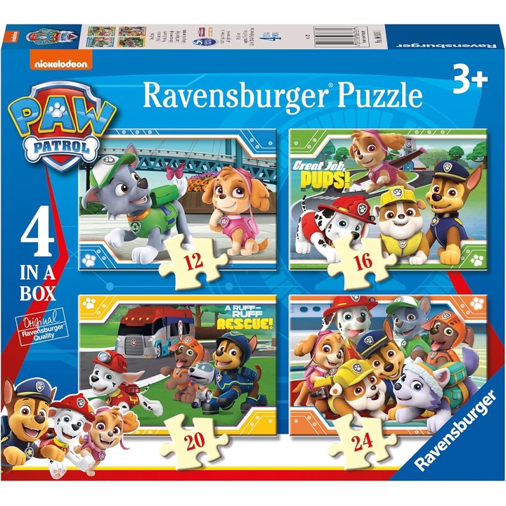Set 4 puzzle-uri Ravensburger Patrula Catelusilor, 12-24 piese, pentru copii 3+