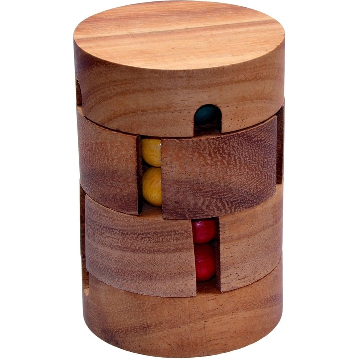 Cub Rubik din lemn LOGOPLAY, joc de logică, 2 inele rotative, 4 culori, 7x7x10.5 cm