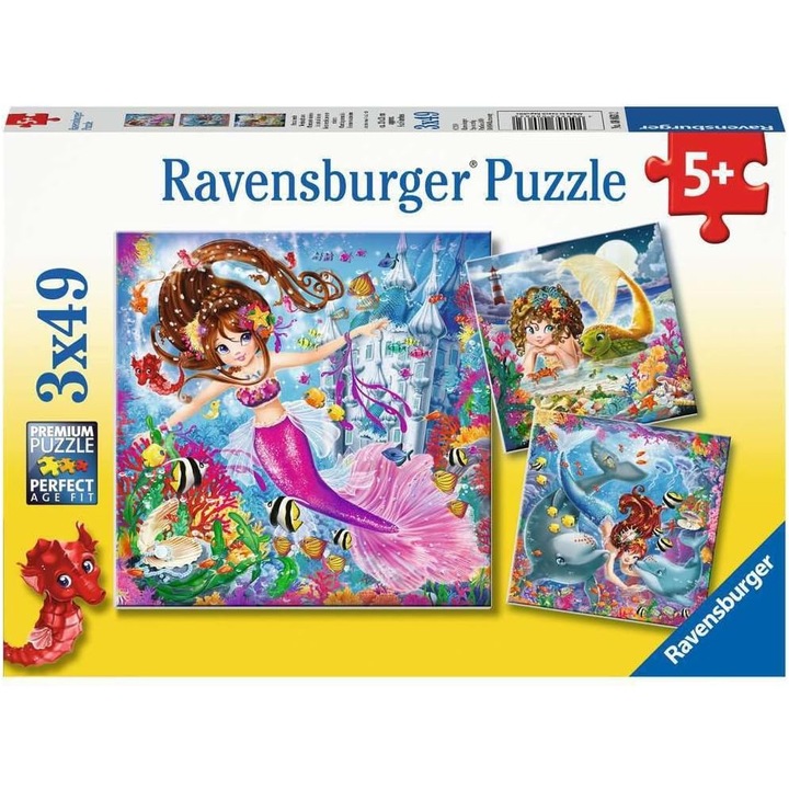 Set 3 puzzle-uri Ravensburger, 49 piese fiecare, sirene fermecatoare, 21x21cm, 5+ ani