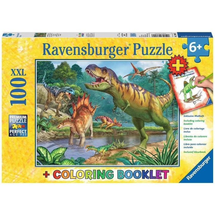Puzzle Ravensburger Lumea Dinozaurilor 100 Piese XXL, Carte de Colorat A4, 49x36cm