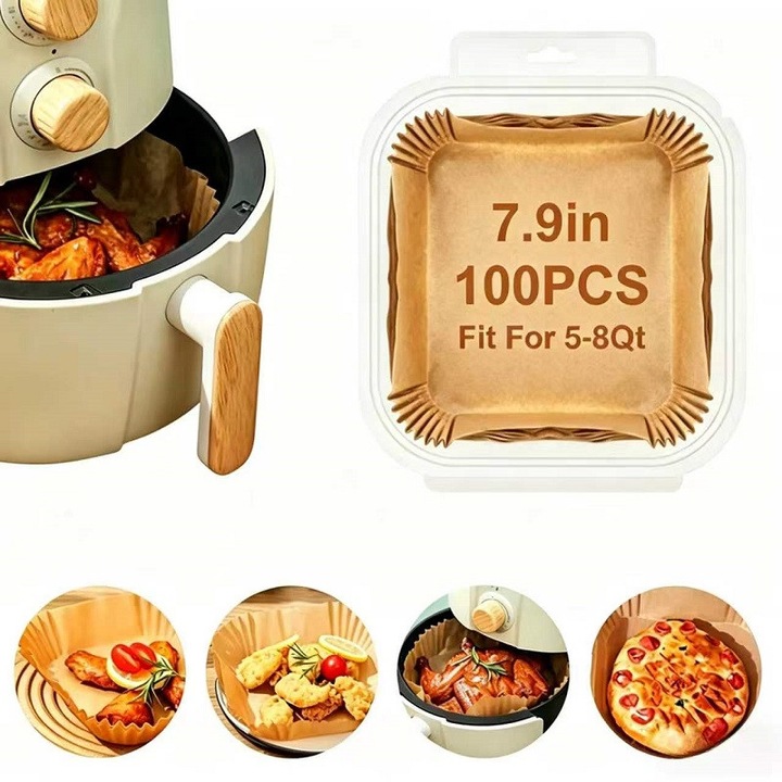 Hartie de copt patrata pentru friteuza cu aer, 100 bucati, rezistenta la ulei si antiaderenta, hartie absorbanta pentru gatit si gratar (20cm × 20cm)