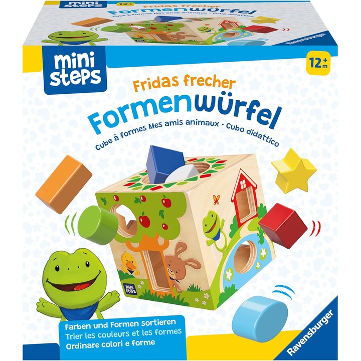 Cub Sortare Forme Lemn Ravensburger, 8 forme, culori diverse, 1 an+