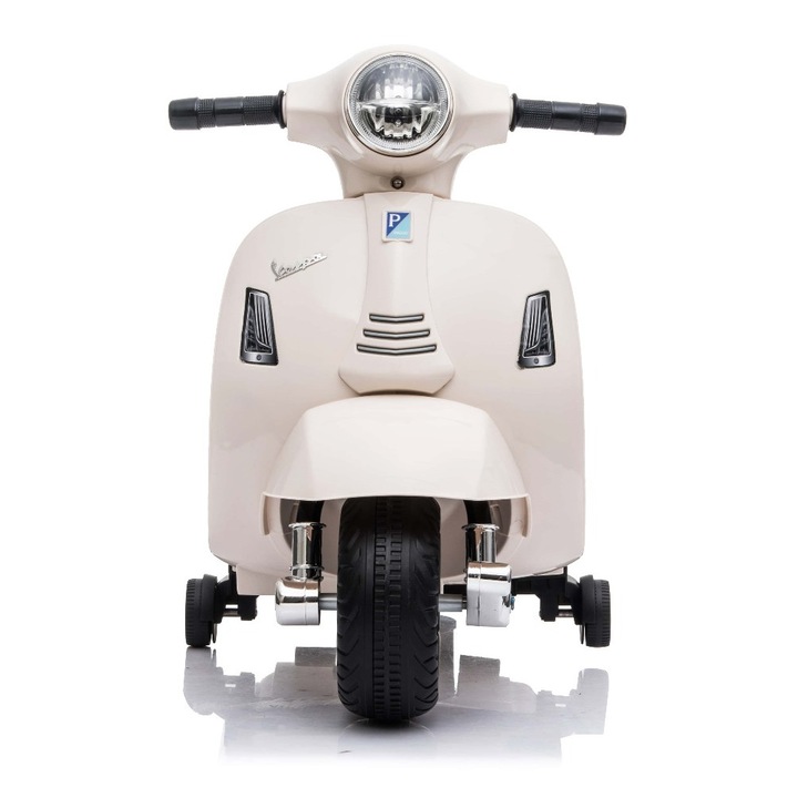 Електрически мотоциклет TEA Sports Vespa GTS, бял, с помощни колела, лицензиран модел, литиева батерия, кожена седалка, мотор 30W