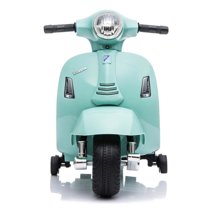 Електрически мотоциклет TEA Sports, Vespa GTS, тюркоаз, с помощни колела, лицензиран модел, литиева батерия, кожена седалка, 30W мотор