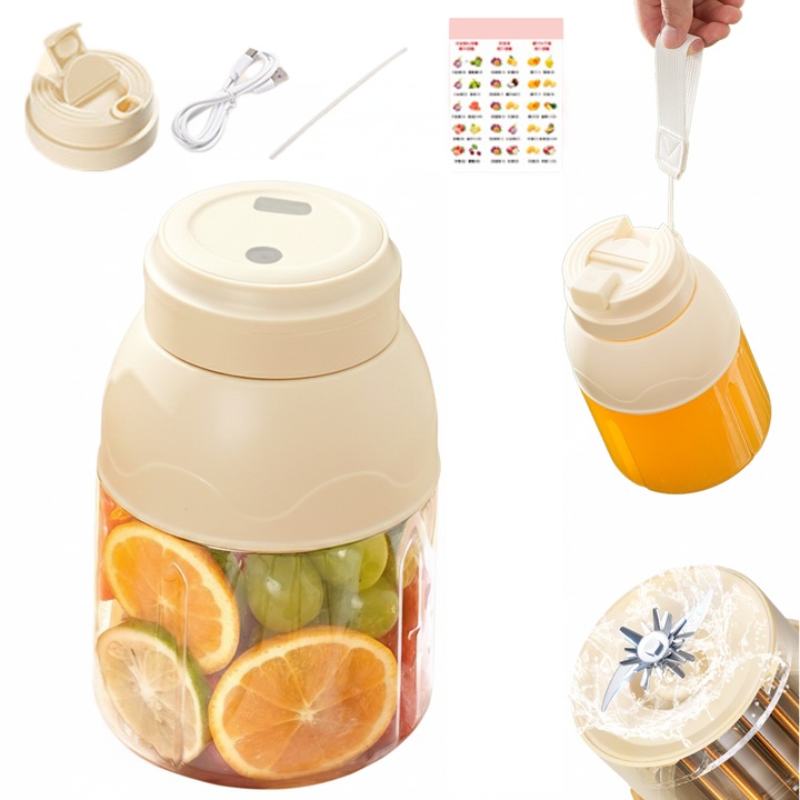 Blender portabil electric – cana pentru suc fara fir, aparat de mixare compact pentru uz casnic, capacitate mare, alb
