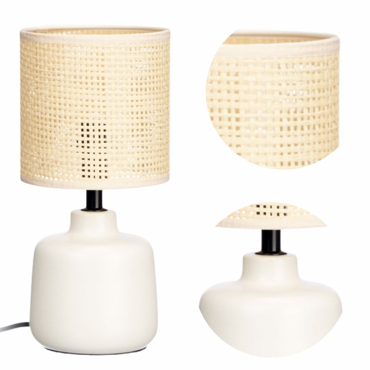 Настолна лампа Giftdecor, Естествен дизайн с керамична основа и бежов абажур от ратан, Топла светлина, За нощно шкафче, Скрин или бюро, Елегантен декор за скандинавски или бохо интериор