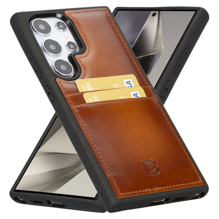 Калъф за Samsung Galaxy S25 Ultra, Bouletta Flex Cover CCP, тънка естествена кожа, мека TPU рамка, заден капак с джобове за карти, Burnished tan