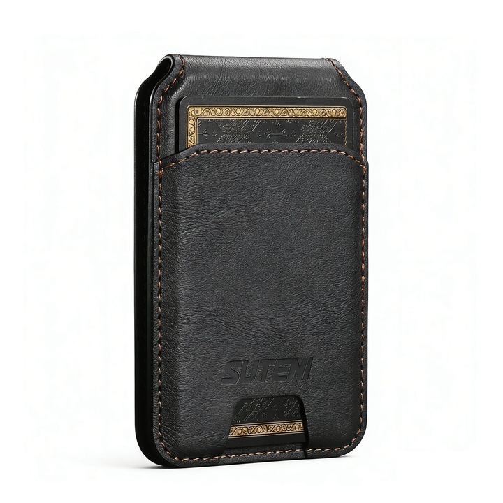 Portofel telefon magnetic, ZGGZERG, potrivit pentru iPhone/Android.compatibil cu MagSafe, atasare magnetica, piele PU ultra-subtire, negru