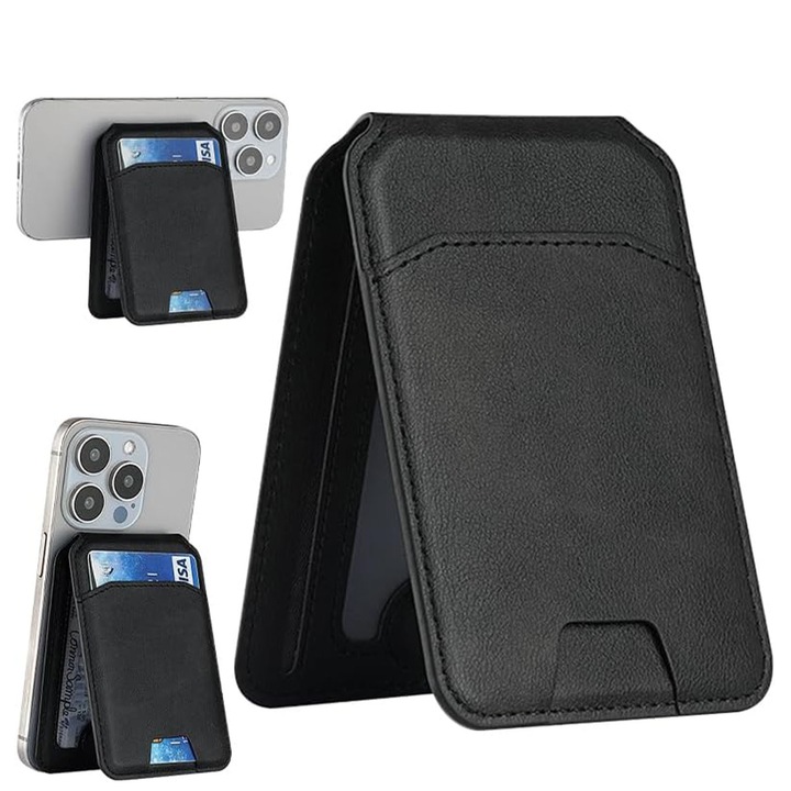 Suport pentru telefoane mobile de tip portofel，ZGGZERG, pentru iPhone, cu captuseala rezistenta si antiderapanta, piele ecologica, portmoneu magnetic, compatibil MagSafe, negru