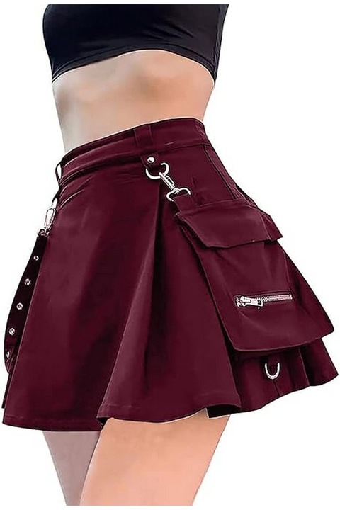 Fusta mini, punk, gotica, cu buzunare si curea, cu talie inalta, cargo, edgy, cu lant, visiniu, marime 2XL