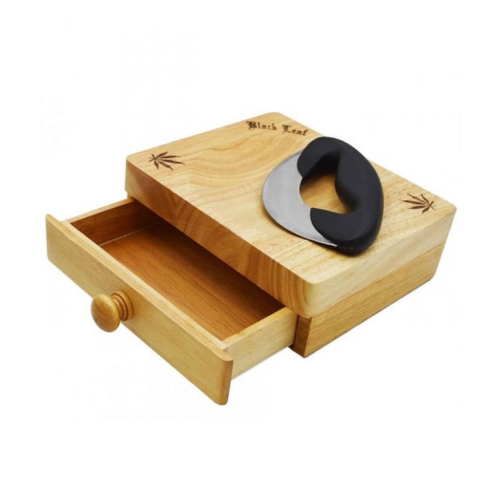 Tava din lemn Black Leaf cu Sertar pentru depozitare si Cutit cu maner