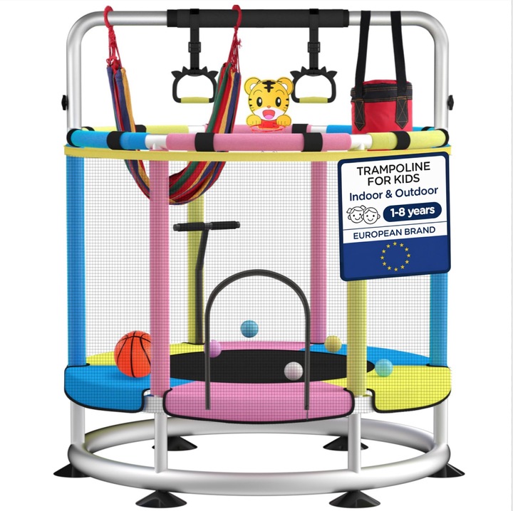 Детски батут, диаметър 140 см, кръгла форма, с предпазна мрежа, баскетболен кош, люлка и аксесоари, издържа до 200 кг, за вътрешна или външна употреба, за развитие на баланса, 1-8 години, BIGLISTENING®