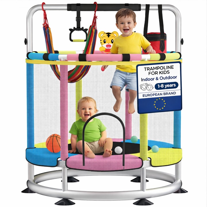 BIGLISTENING gyermek trambulin, 140 cm átmérőjű, kerek, biztonsági hálóval, kosárlabda palánkkal, hintával és kiegészítőkkel, 200 kg teherbírás, beltéri vagy kültéri, egyensúlyfejlesztő, 1-8 év
