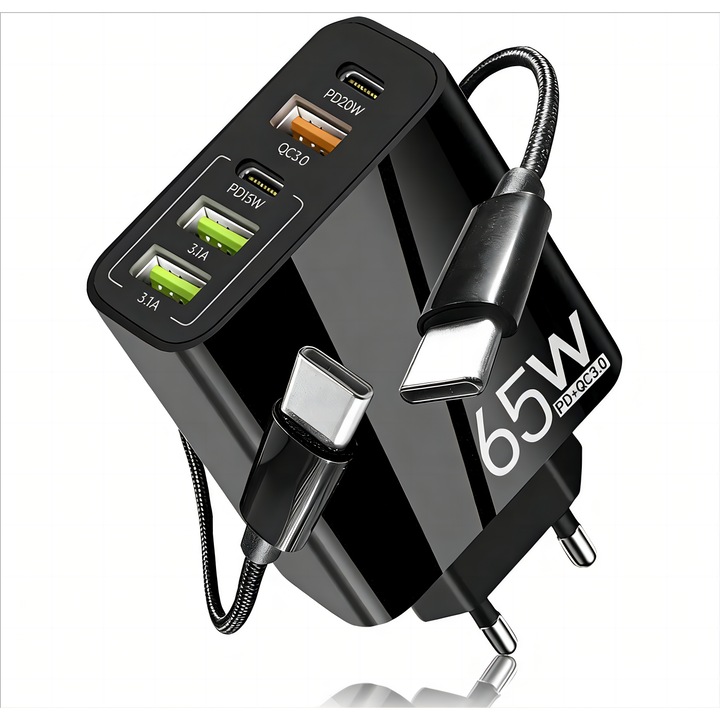 Încărcător rețea 65W, 5 porturi, negru, cablu USB-C inclus, universal
