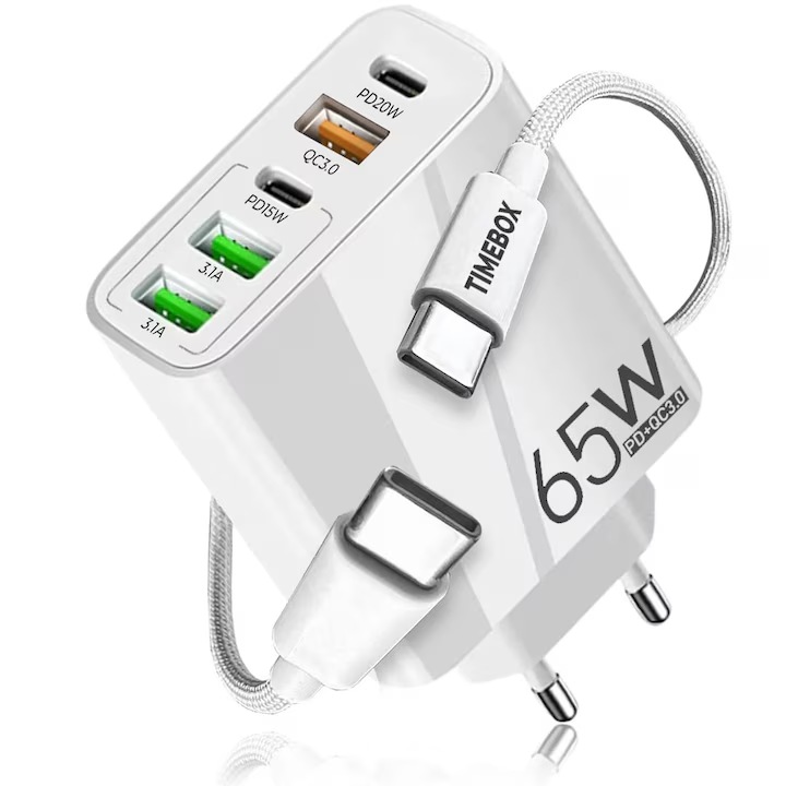 5 portos 65W-os hálózati töltő, gyors töltés, fehér, univerzálisan kompatibilis