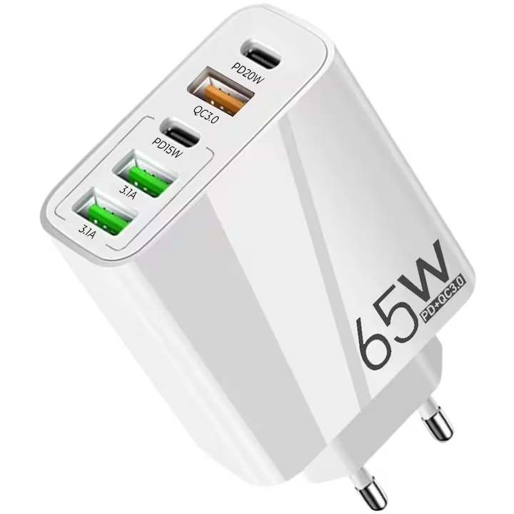 65W hálózati töltő, 5 portos (2 x Type-C, 3 x USB-A), fehér, kompakt kialakítás, univerzális