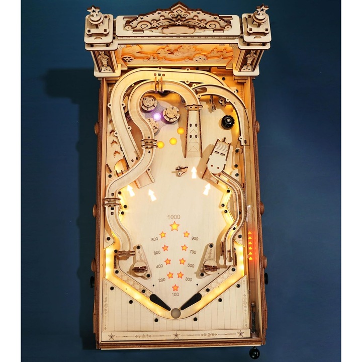 Puzzle 3D Robotime masina de pinball din lemn, efecte sonore si lumini, 14+