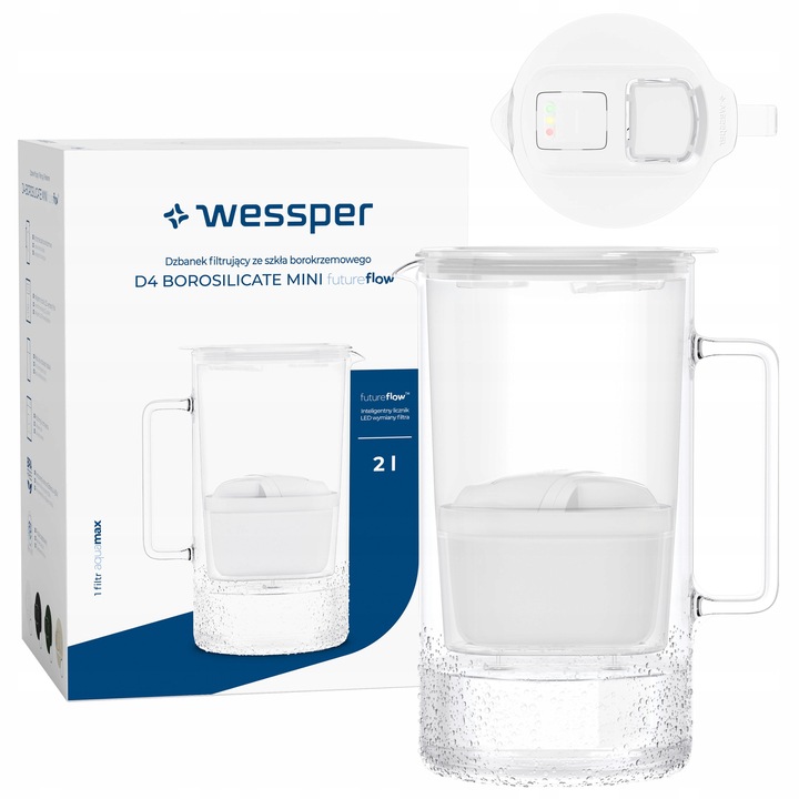 Кана за филтриране Wessper D4 BOROSILICATE Mini futureflow, боросиликатно стъкло, 2L с LED брояч, без BPA, комплект с 1 воден филтър, бяла